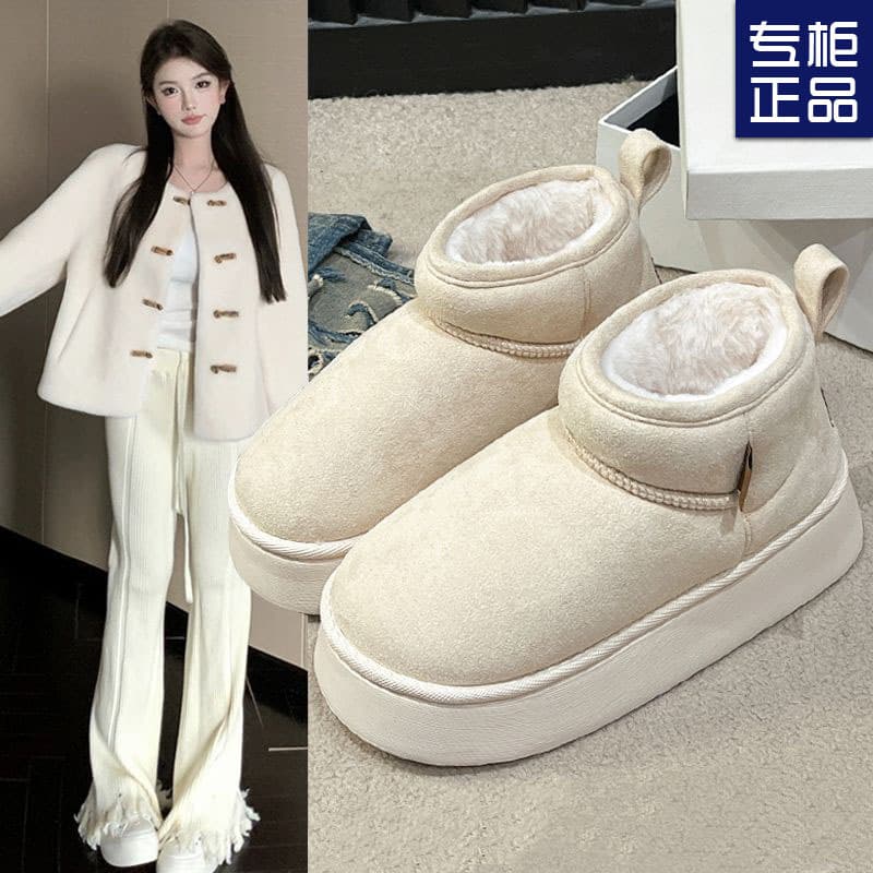 White Thick-Sole Snow Boots Women Winter 2024 New Plush Thick Short Shaft Furry Short Shaft Cotton Boots Loafers