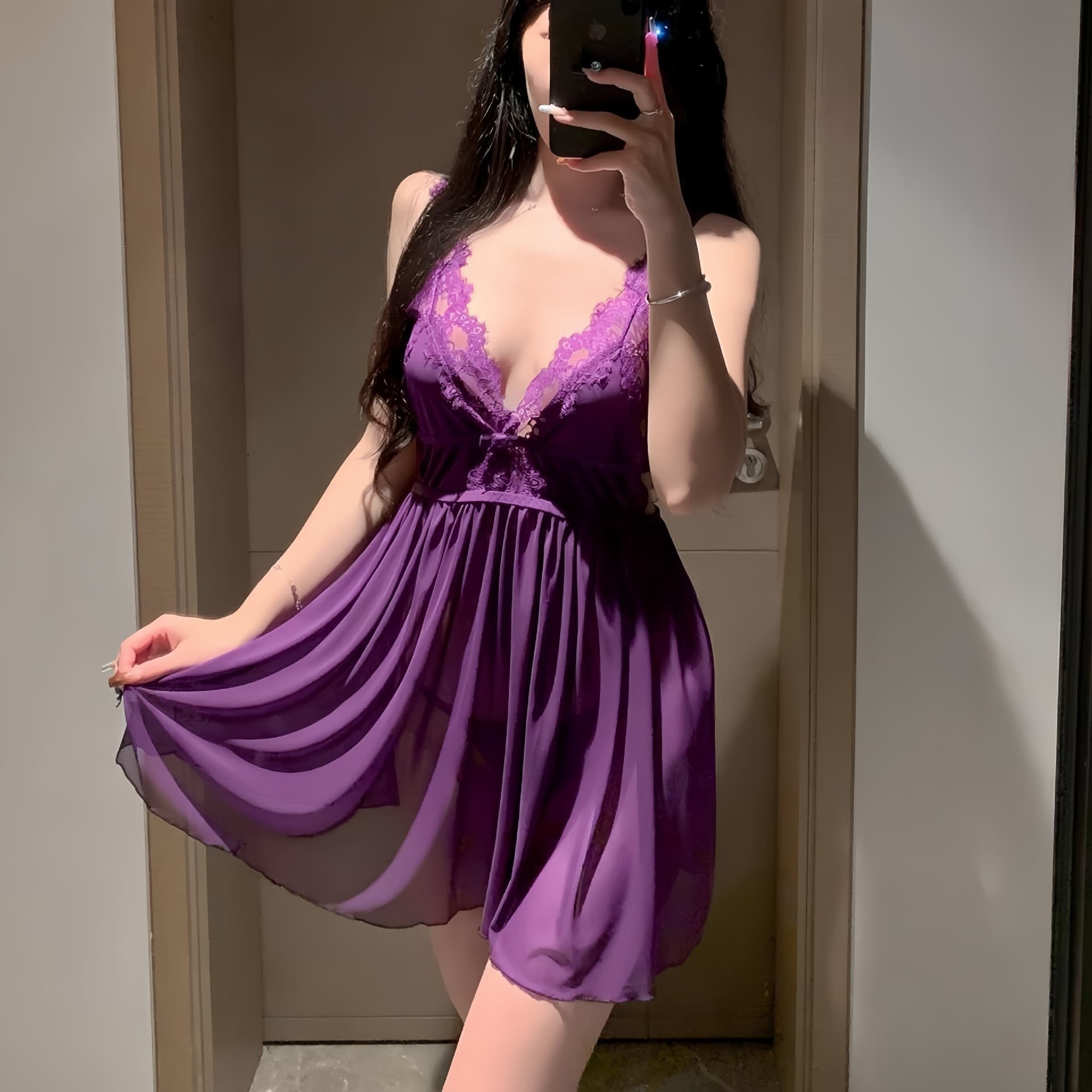 Plus Size Lingerie Purple Lace Pure Desire Costume Sleepwear Sexy Nightgown Set QQNY