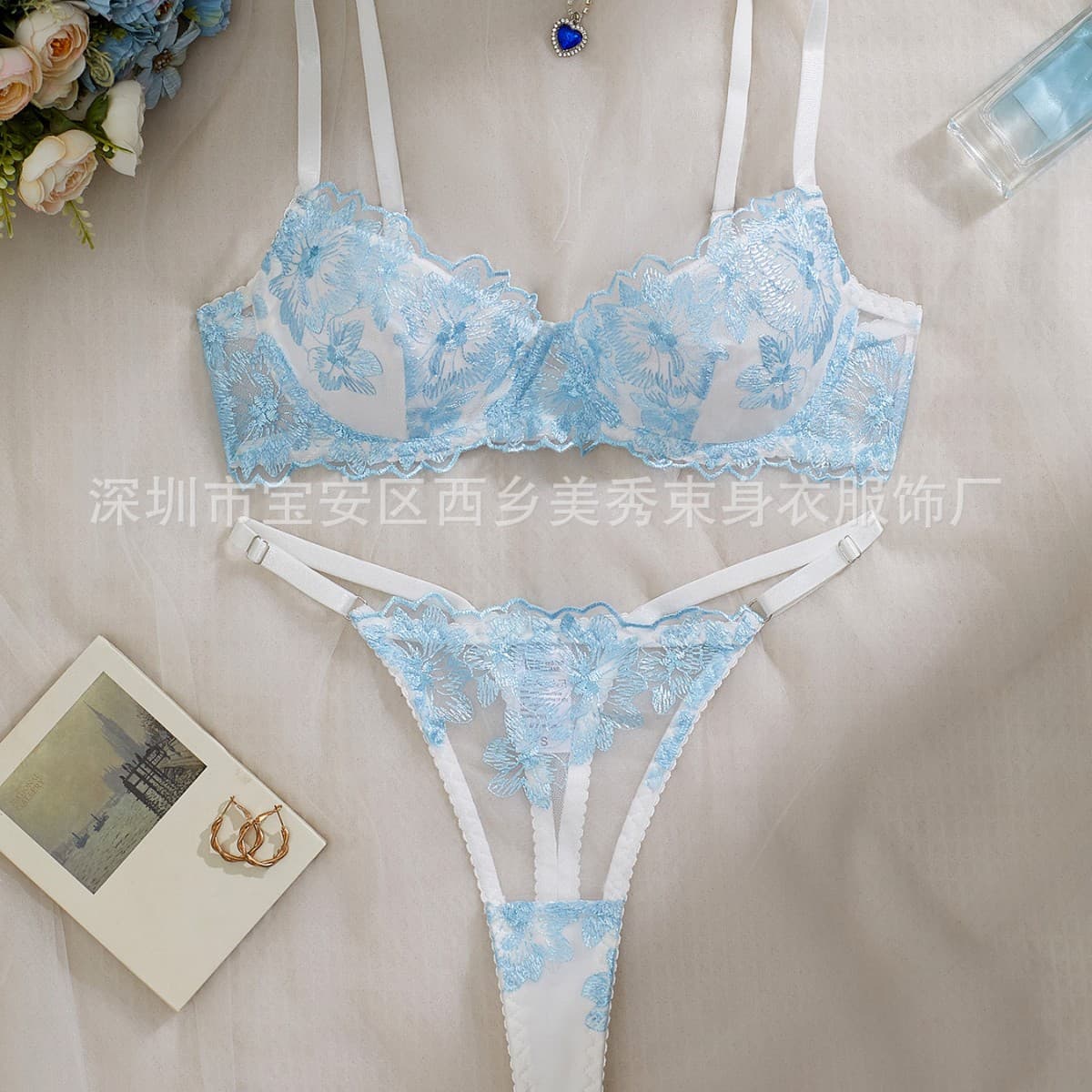 French Light Blue Floral Lace Bra Set Women's Thin Underwear Bra and Panty Two-Piece Set In Stock
