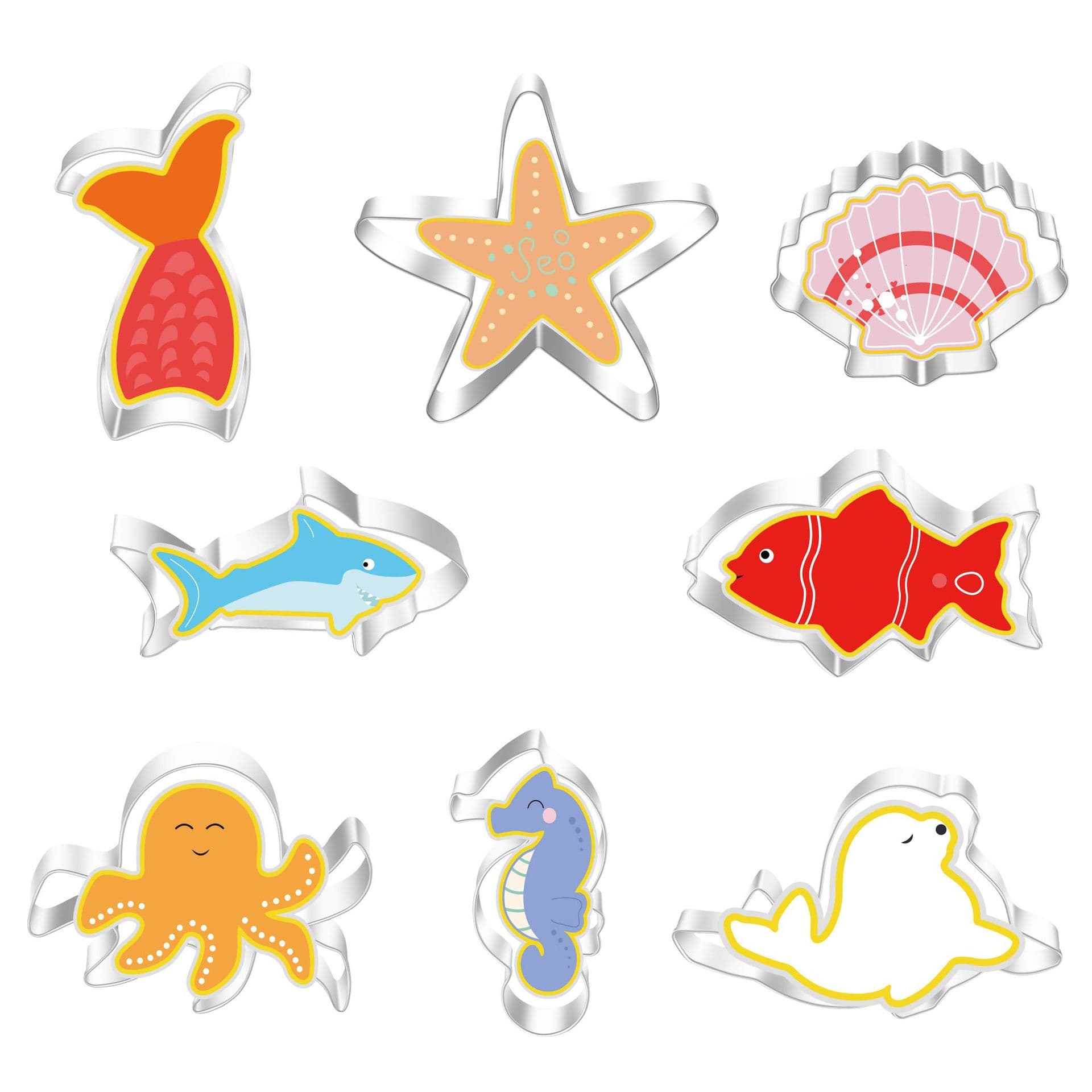 Stainless Steel Cookie Cutters Ocean Set Starfish Shell Conch Seahorse Shark Baking Tools 8-Piece Set