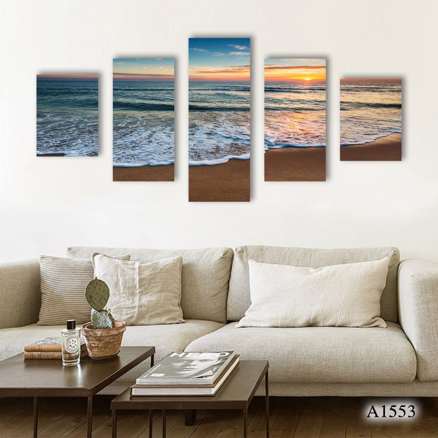 5-Panel Beach Sunset Stretched Canvas Wall Art, Romantic Living Room Dining Room Background Decorative Painting, Atmospheric Home Hanging Picture