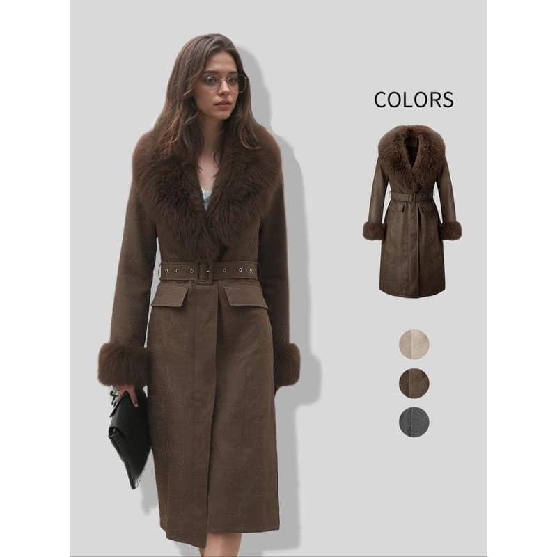 A 89176 Long Collar PU Big Fur Trim Coat