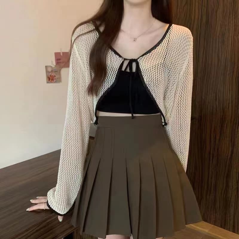 Korean Hollow-Out Contrast Color Sun Protection Cardigan, Women's Ice Silk Shawl Cardigan