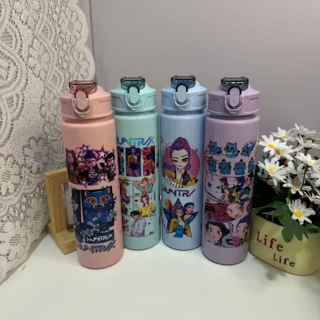 Cross-Border Export Witch Hunter Cartoon Straw Water Bottle, Large Capacity Pop-Up Lid with Handle, Portable Plastic Water Cup, Space Cup