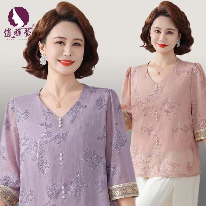 New Summer Top for Middle-aged and Elderly Women, New Chinese Style Short Sleeve Embroidered Blouse, 50s Mom Shirt