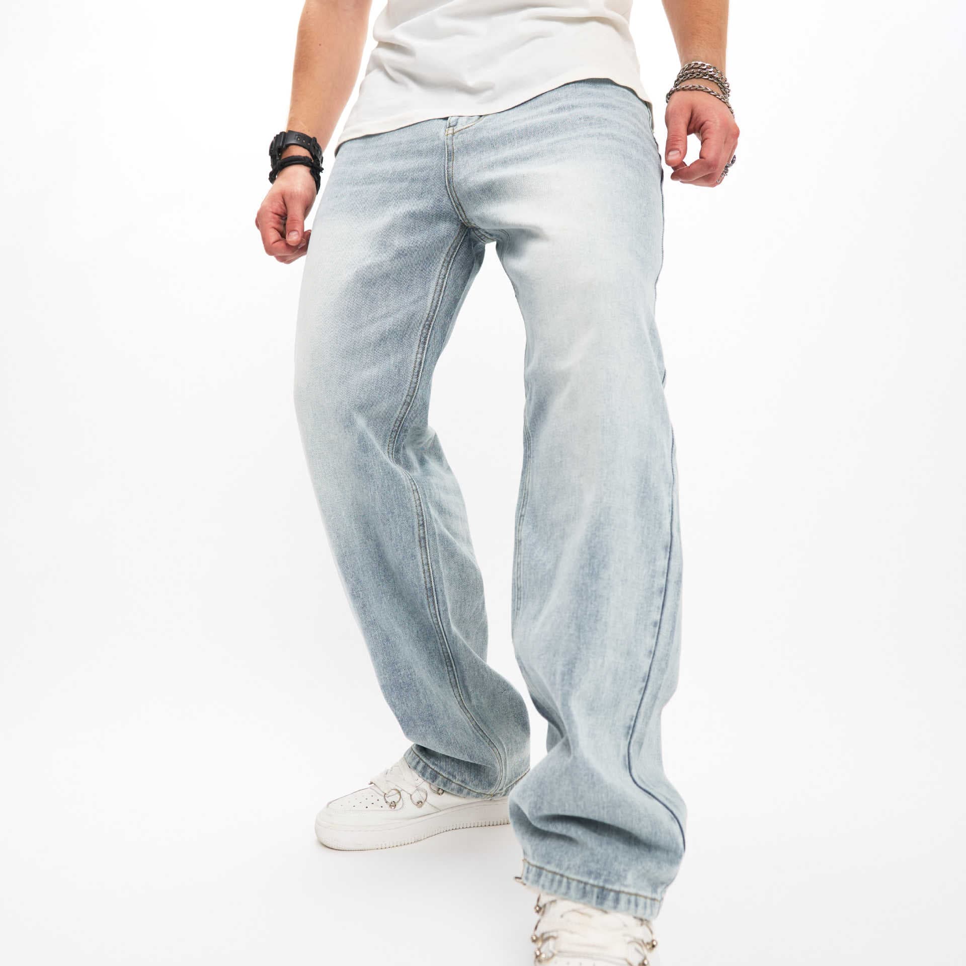 European and American Street BIKER JEANS Trendy Monkey High Street Men's Jeans Loose Wide Leg Straight Pants