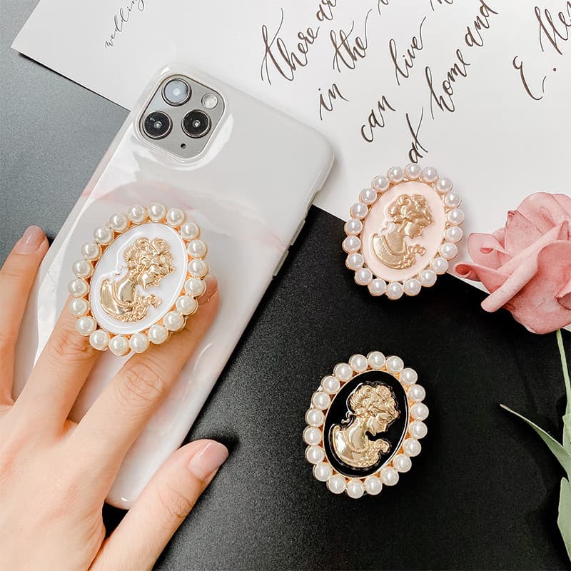 Pearl Beauty Head Design Lazy Stand Electroplated Glossy Adhesive Airbag Stand Foldable Universal for Phone and Tablet