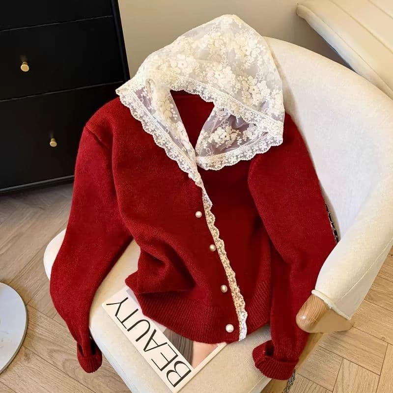 Jin Plus Size Lace Trim Hooded Knit Cardigan Autumn/Winter Women Curvy Unique Flattering Slimming Sweater Coat