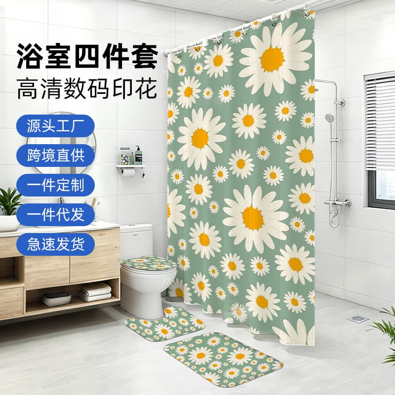 Cross-border hot selling Xiaohua series bathroom shower curtain floor mat four-piece set of mildew-proof polyester digital printing bathroom curtain