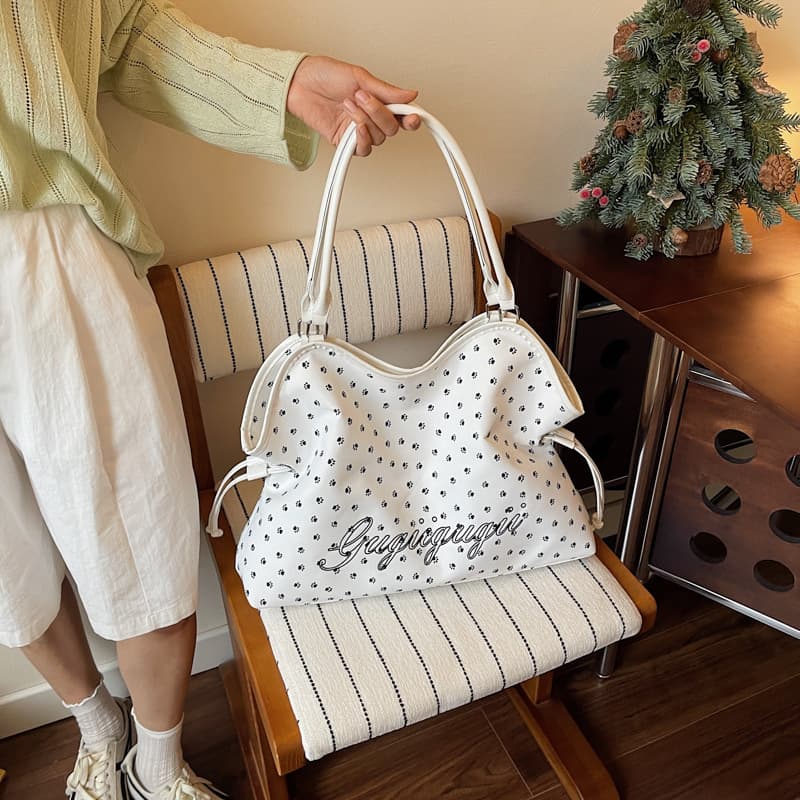Cross-border Women's Nylon Printed Shoulder Bag Large Capacity Tote Bag with Drawstring Polka Dot Handbag