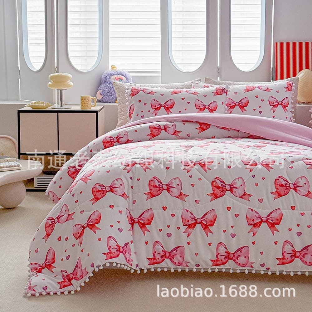 Wholesale Cross-border Supplier for Amazon Temu Bedding Bow Print Quilt Three-Piece Set