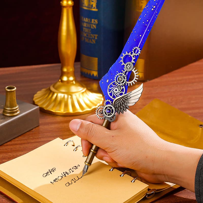 Birthday gift for boys and girls, mechanical gear feather pen set, high-end appearance, return gift, graduation souvenir