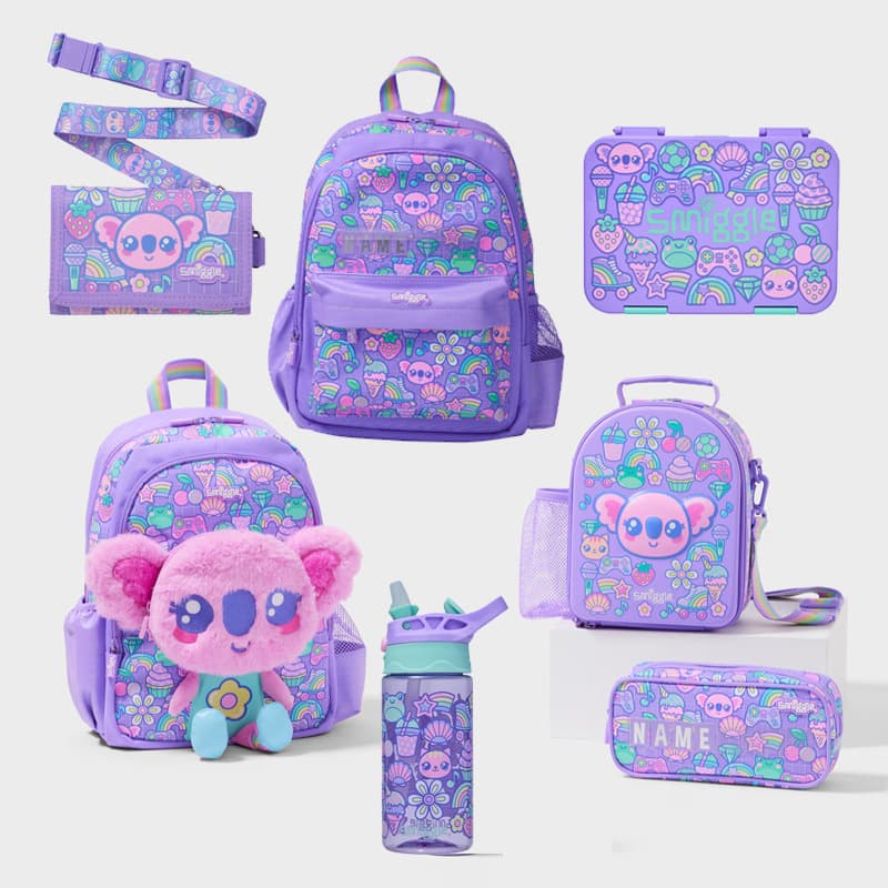 Australian Smiggle Backpack Set for Kids - Cartoon Design, Includes Water Bottle, Lunch Bag, and Pencil Case
