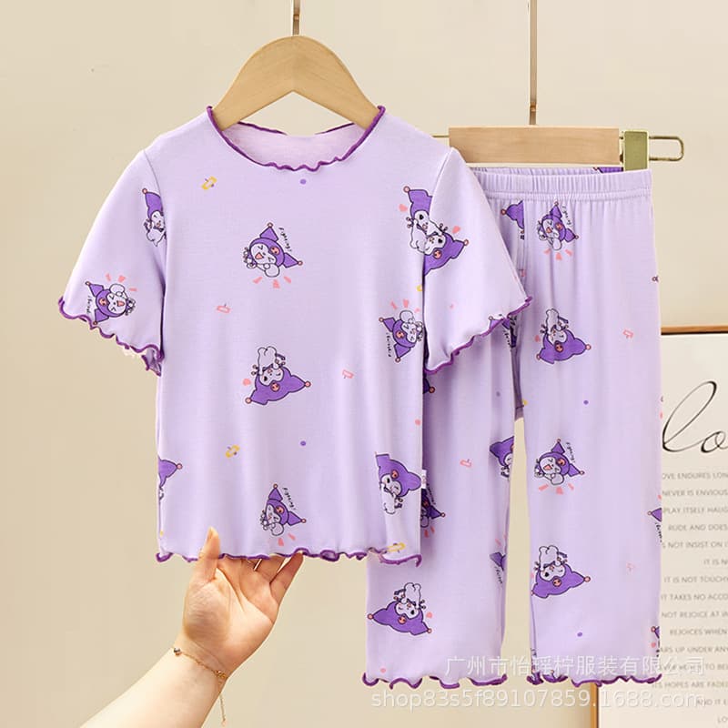 2026 New Summer Ice Silk Thin Children's Pajamas Girls Air Conditioning Suit Girls Cute Cartoon Short Sleeve Two-piece Set