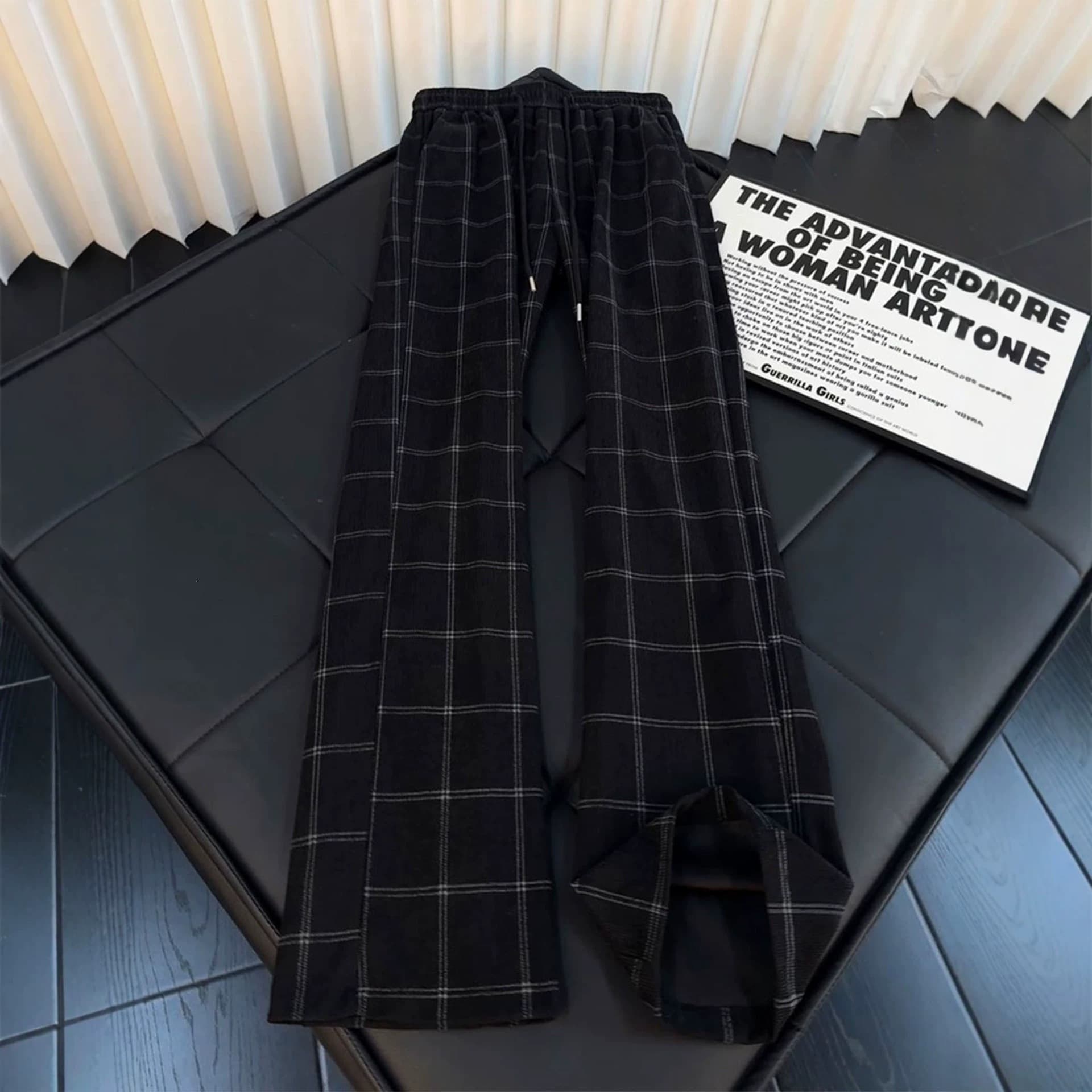 American Retro Black Plaid Pants Men Summer Thin Streetwear Drape Straight Leg Loose Casual Trousers New