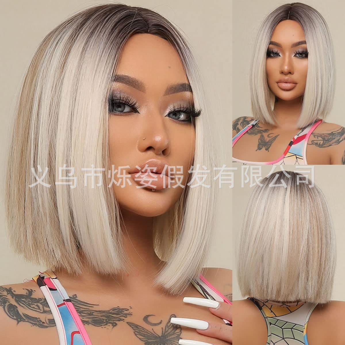 European and American medium-parted short hair gradient bob wig dyed headgear bobo head Cosplay anime wig wholesale