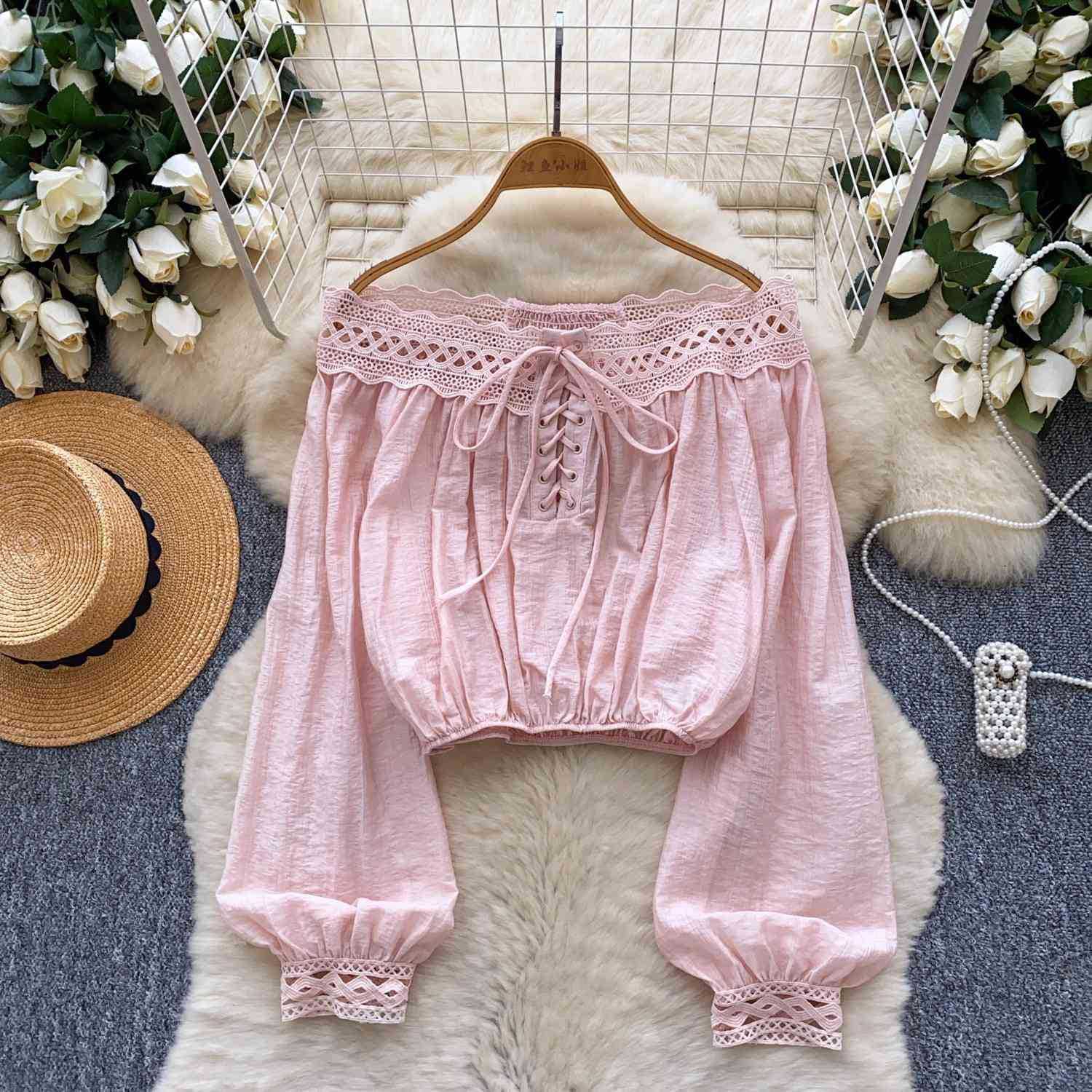 Designer Off-Shoulder Long-Sleeve Blouse for Women, Fall Stylish Lace-Up Tie-Detail Fitted Crop Top
