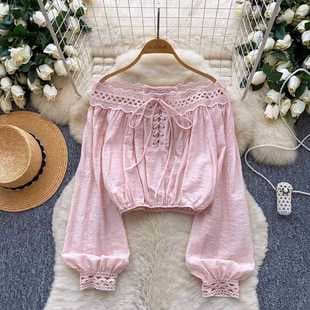 Designer Off-Shoulder Long-Sleeve Blouse for Women, Fall Stylish Lace-Up Tie-Detail Fitted Crop Top