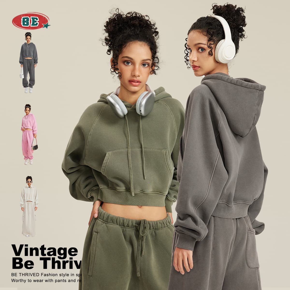Women's Fleece Lined Hoodie Short Style Shoulder Insertion Vintage Washed Streetwear Trend Cotton Polyester Blend Sweatshirt