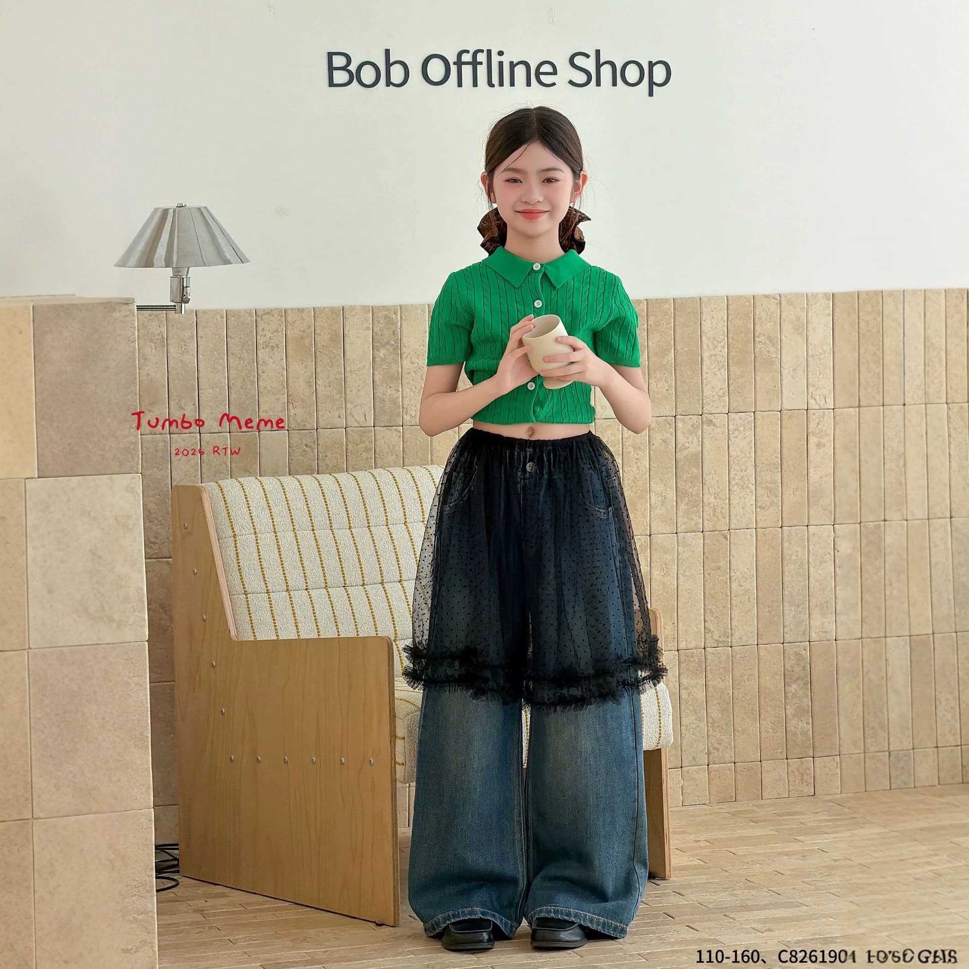Girls' Spring Autumn Jeans Loose Trendy Mesh Skirt Panel Wide Leg Pants 2-Piece Set Huzhou Zhili Kids Clothing Cross-Border
