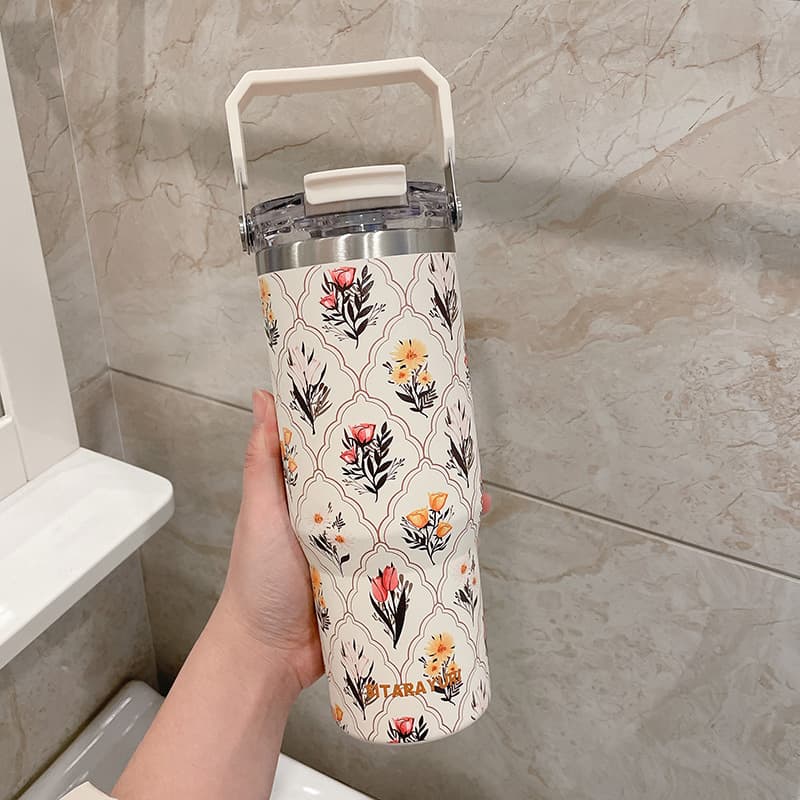 3D Floral Series Ice King Cup Large Capacity Straw Insulated Cup Cold Retention Hard Handle Dual Drinking Cup Coffee Cup for Women