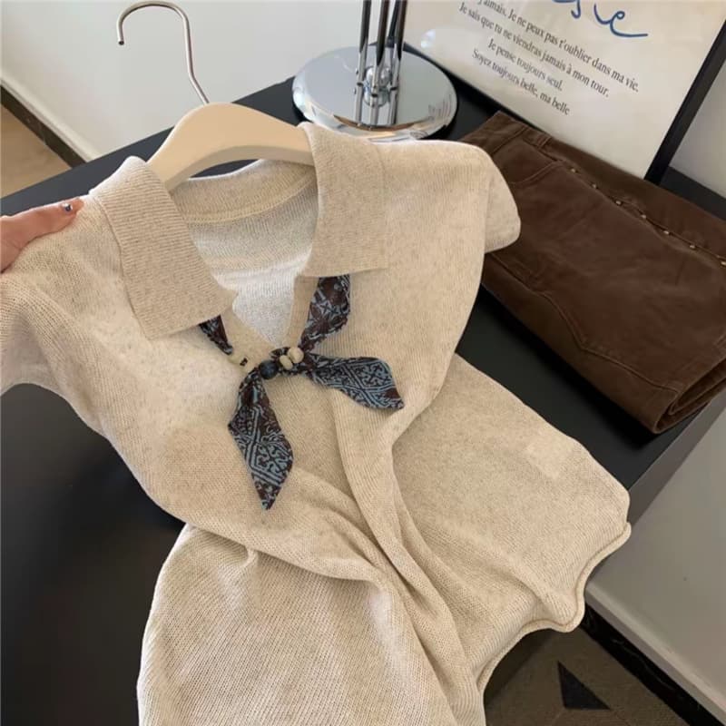 Tencel Linen Polo Neck Fashionable Versatile Women's Short-Sleeve Knit Old Money Style Top [With Scarf]