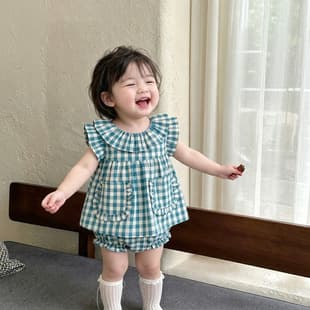 Baby Girls Summer Set Korean Style Infant Clothes Summer Cute Girls Short Sleeve Plaid Pants Two-Piece Thin