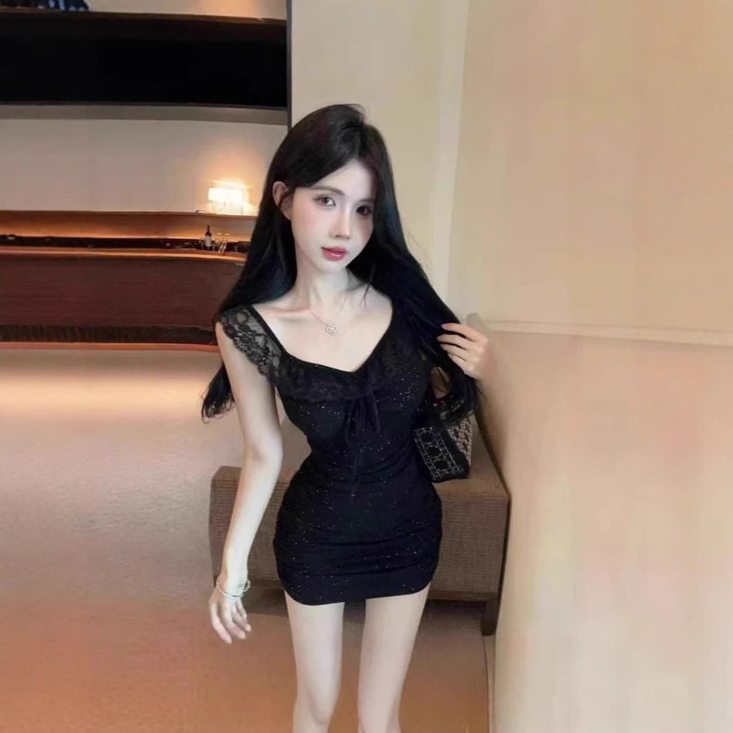 Pure lust sexy lace splicing fine glitter waist slimming suspender halter dress with tight hip wrap skirt for women