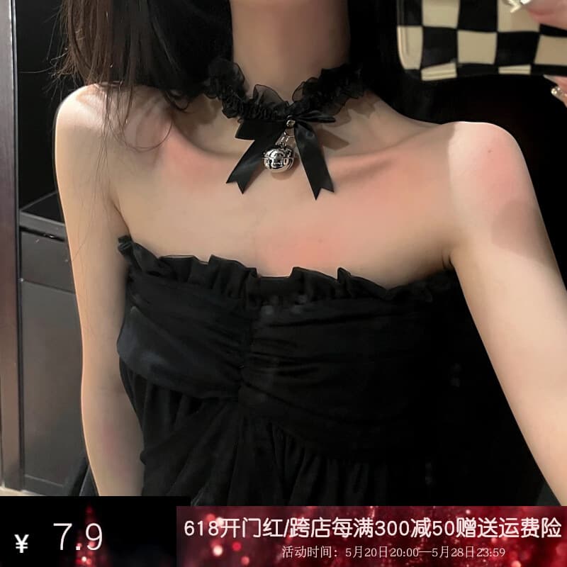 Lace Bow Bell Necklace for Women, Choker Neck Collar Accessory, Soft and Cute Trendy Neck Strap
