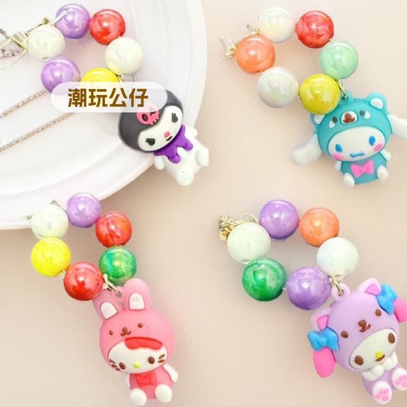 Kuromi Keychain Cinnamoroll Small Plush Cartoon Backpack Charm My Melody Keyring Beaded Chain Pendant Wholesale