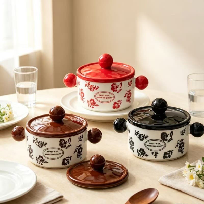 Ceramic Double-Handle Home Restaurant Double Boiler Stew Pot with Lid Single-Serving Stew Cup Dessert Special Soup Cup Bird's Nest Steamed Egg Bowl