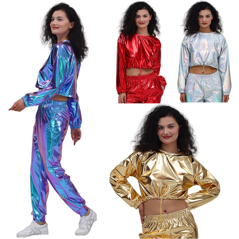 European and American style export-quality sexy cropped long-sleeved round neck pullover sweatshirt with gold foil and shiny leather. Factory direct sales.