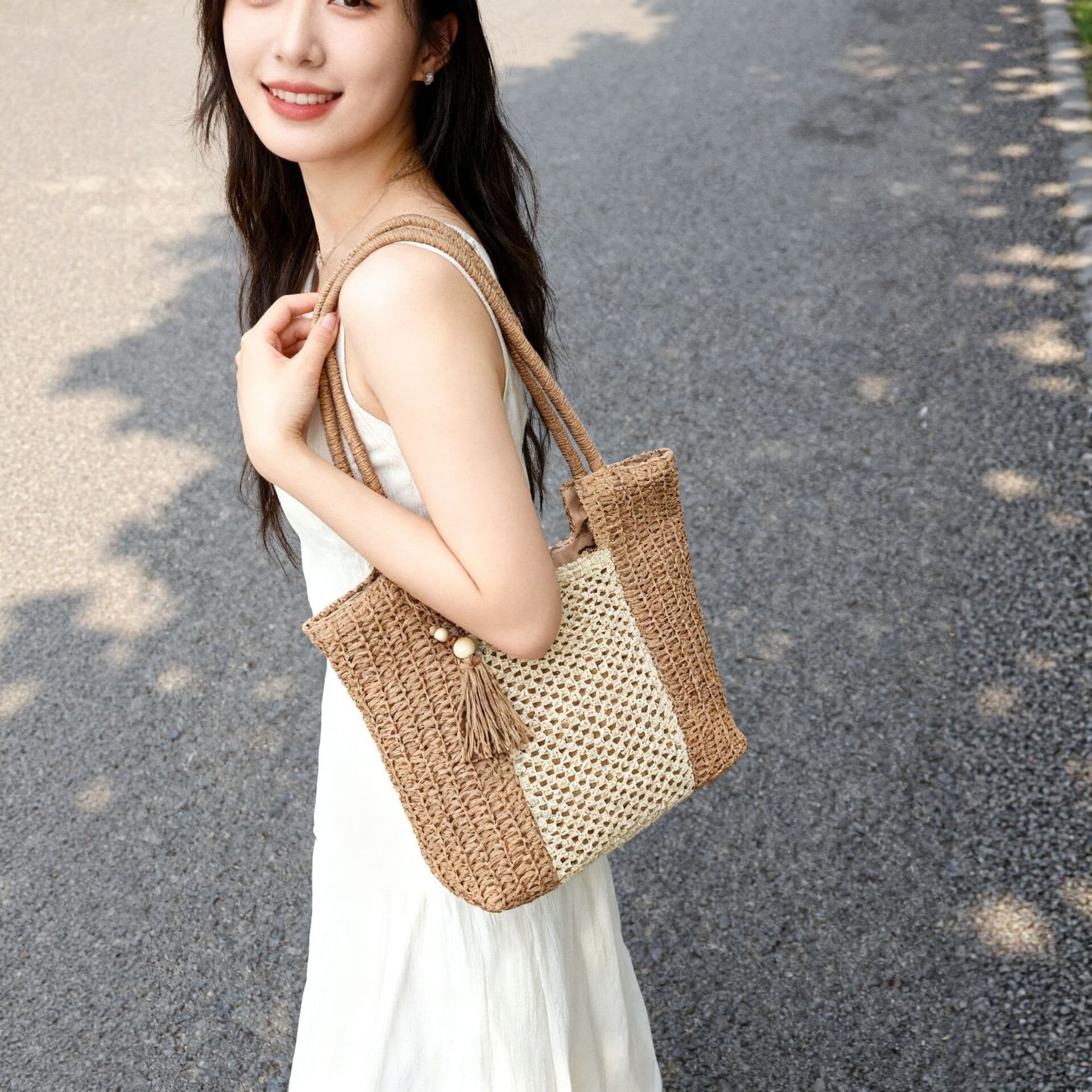 AliExpress Amazon cross-border straw bag women's large-capacity beach tote bag hand-woven shoulder bag holiday style