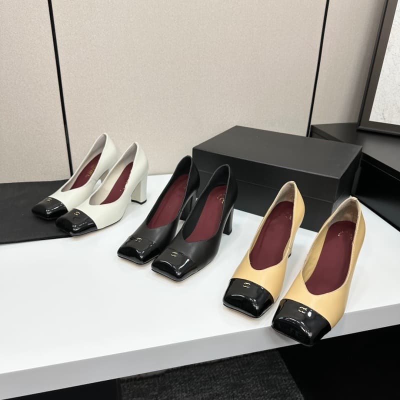 Cross-border 2026 Spring/Summer French Square Toe Genuine Leather Chunky High Heel Shoes, Chanel-style Color-block Backless Toe-covered Sandals