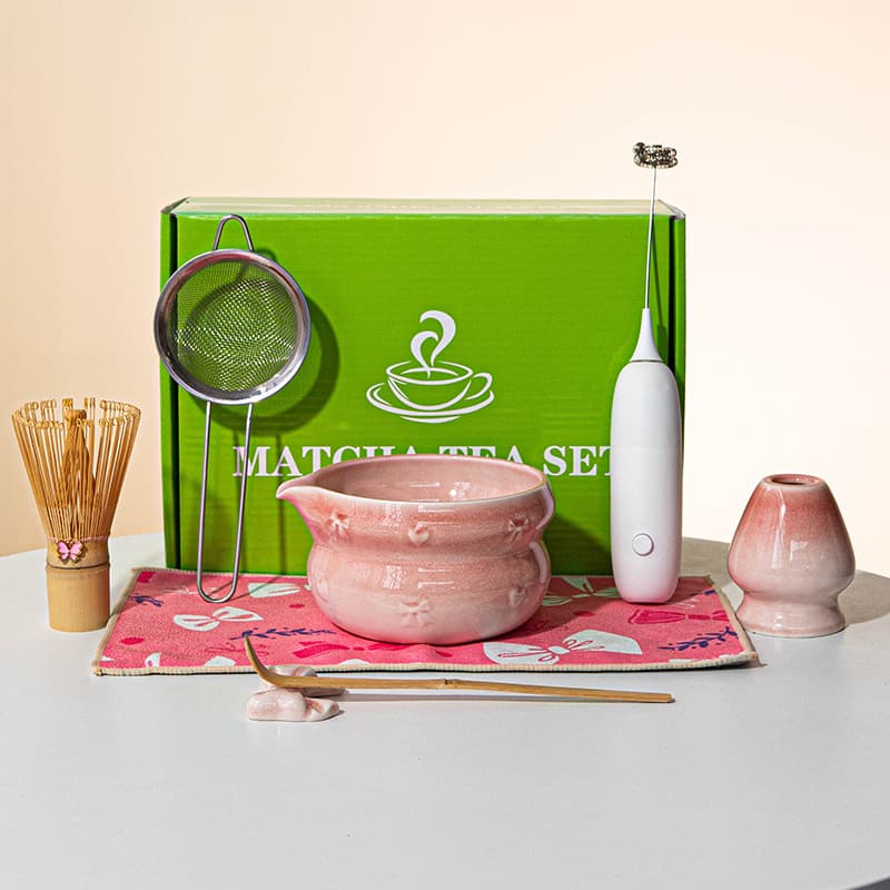 Cross-border Bai Ben Li Matcha Bowl Electric Whisk 8-Piece Set, Pink Matcha Bowl Set, Ceramic Set Wholesale