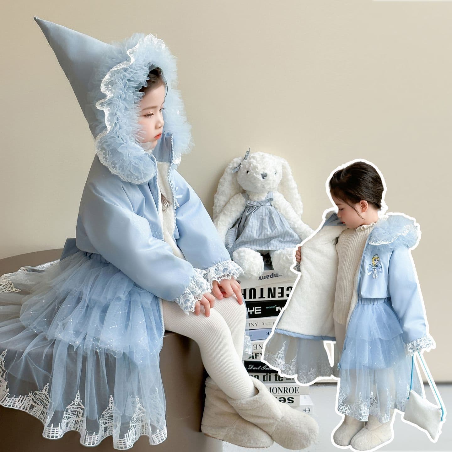 Girls' Frozen Elsa velvet cotton coat winter light blue lace mesh princess thick cotton coat