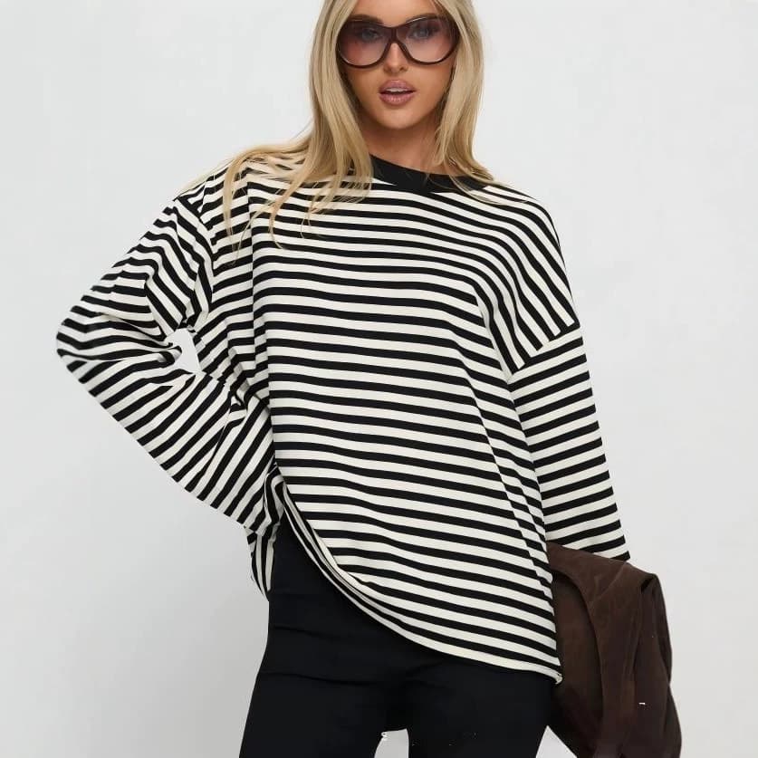Cross-border European and American foreign trade women's clothing new loose and versatile striped long-sleeved women's clothing off-shoulder striped long sleeves