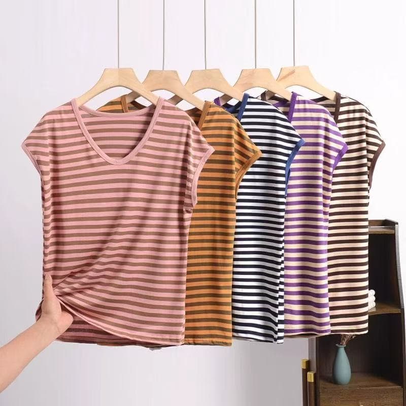 Wholesale Modal Round Neck Striped Women's Short Sleeve Plus Size Base Tee Top Loungewear Sleepwear
