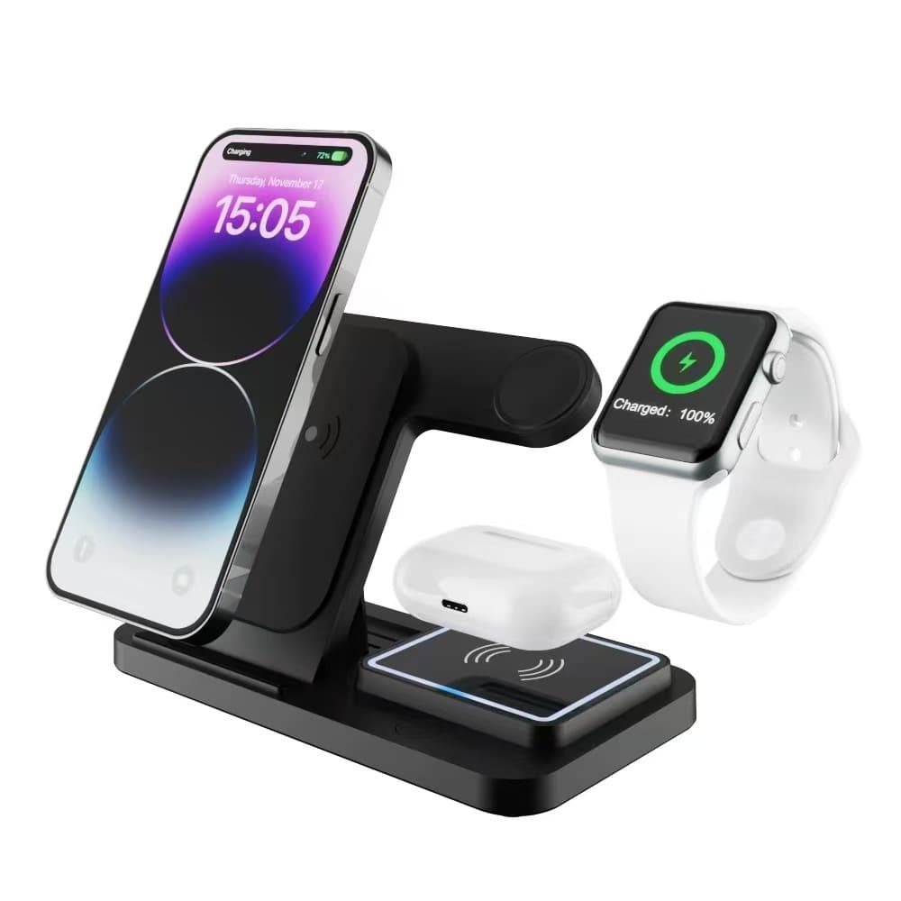 Cross-border 3-in-1 Wireless Charger Desktop Stand Vertical Bracket Fast Wireless Charging Compatible with Apple Phone, Earphones, Watch
