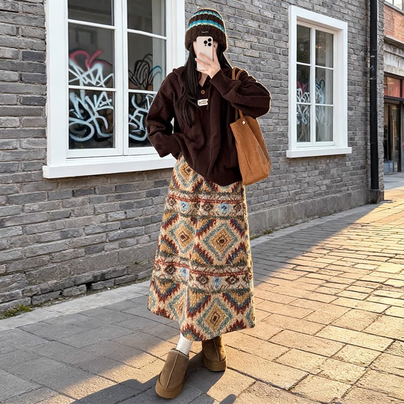 Vintage Lazy Mid-Length Ethnic Style Umbrella Skirt Fleece Fair Isle Half Skirt for Women Autumn Winter Fleece Circle Skirt