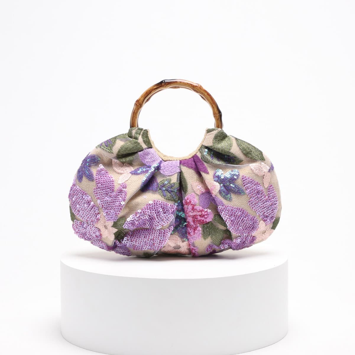 New Chinese style national style bamboo handbag women's new mesh flower embroidery sequin holiday style pleated handbag