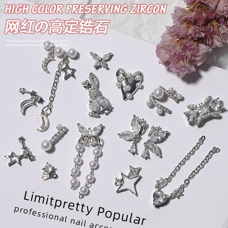 Ultra-Shiny Zircon Butterfly Pendant Nail Chain Silver Starburst Diamond Rabbit Diamond Heart Shaped Pendant Fashionable Manicure Decoration