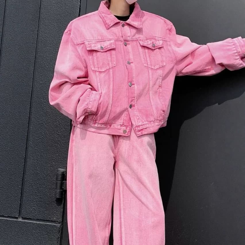 2026 American Vintage Washed Pink Denim Jacket Men's Streetwear Hip Hop High Street Casual Coat
