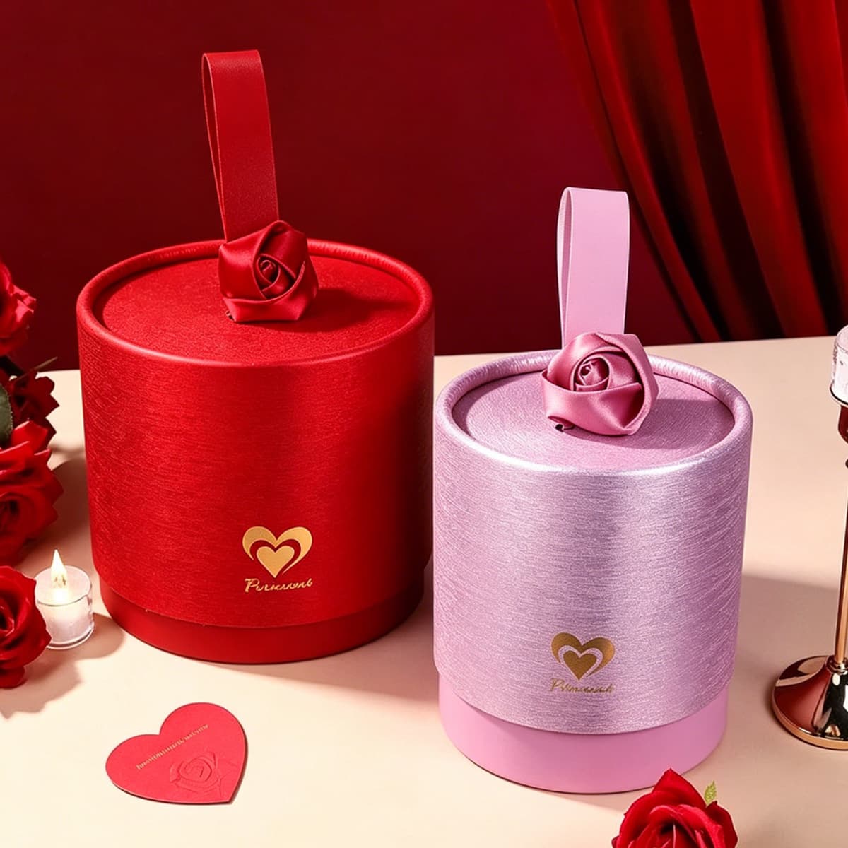 Heart-Shaped Cylinder Gift Box with Gold Foil Hearts, Luxury Wedding Candy Box with Ribbon and Rose Handle