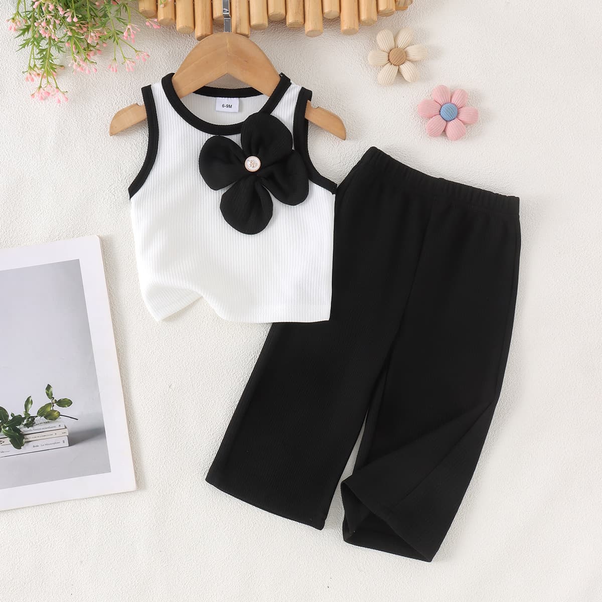 Kids Clothing Cross-Border Supply European and American Girls New Style Toddler White Vest + Brown Long Pants Children's Wear
