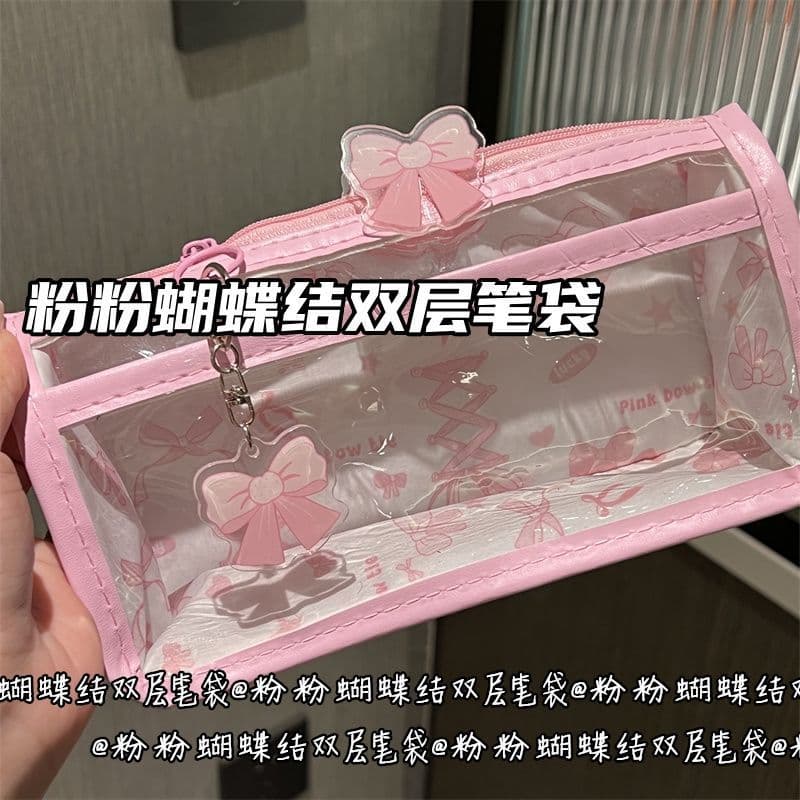 Pink Bow Double-Layer Clear Pencil Case Ins Style High Aesthetic Girl Heart Transparent Large Capacity Stationery Storage Bag