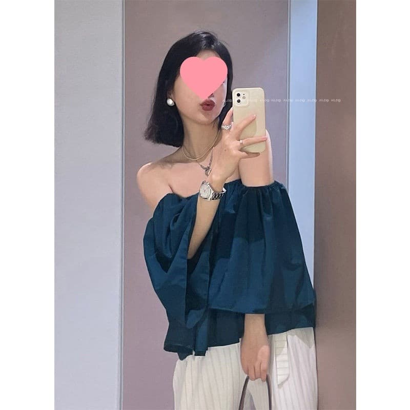 Lotus Leaf Sleeve Design Summer Vacation Style Off-Shoulder Slimming Top Blouse