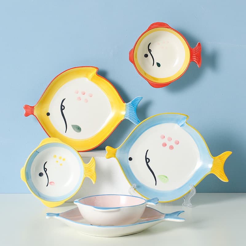 Creative fish-themed ceramic dish set, Japanese-style cartoon tableware for children