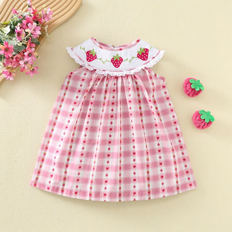 Summer Sweet Strawberry Print Plaid Skirt for Baby Girls, Cute Strawberry Embroidery Princess Skirt, Cotton Fabric