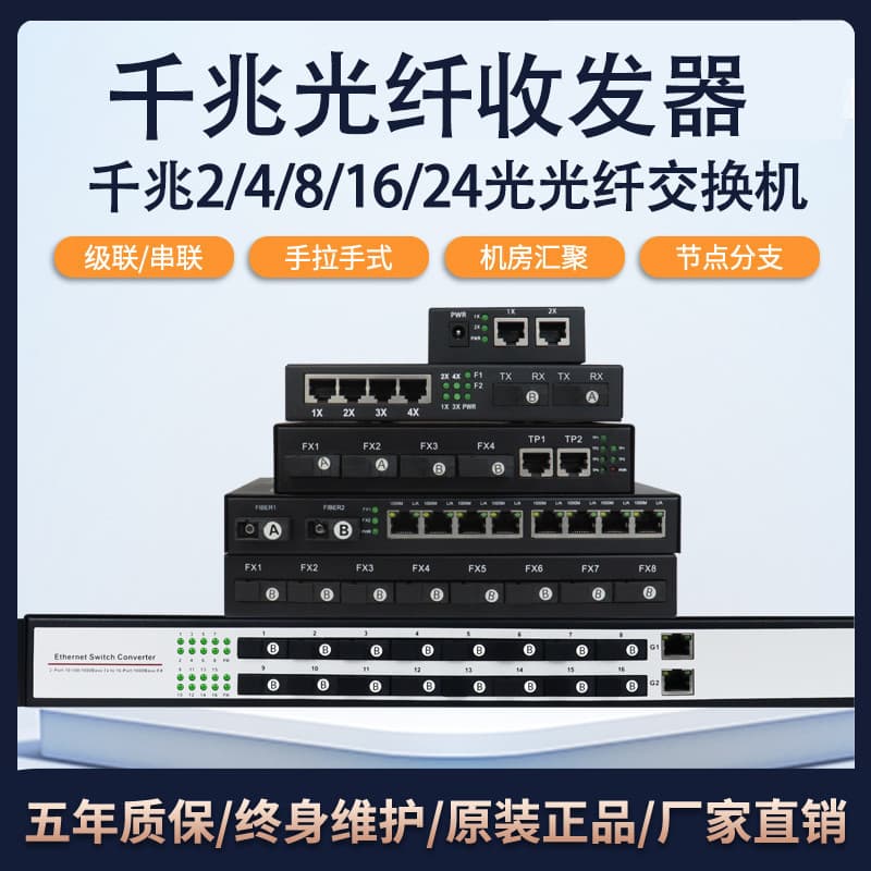 Gigabit 1/2/4/8/16 Multi-Port Fiber Optic Transceiver Single/Dual Mode Switch Converter 24V 48V DC Power Supply